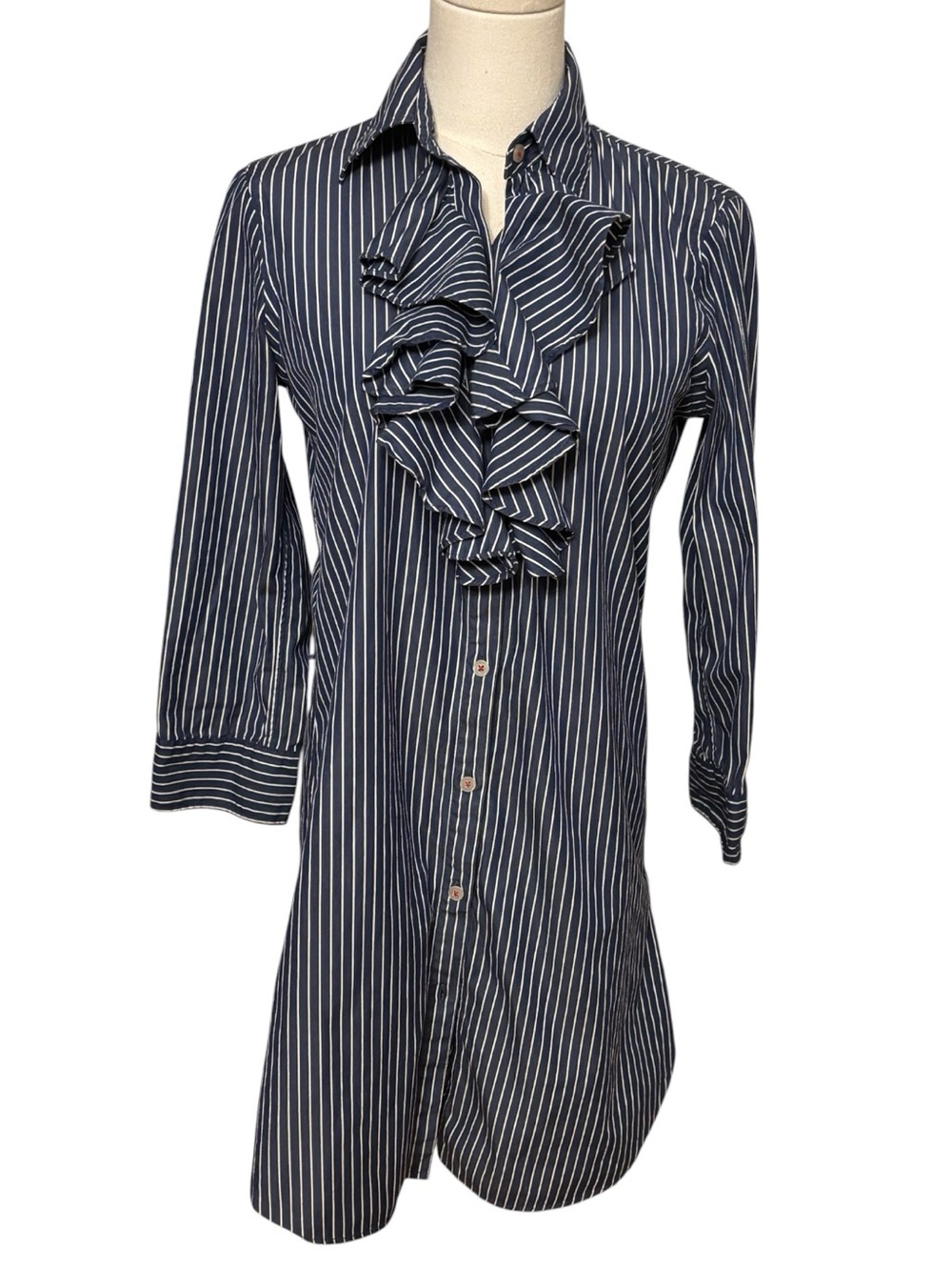 Lauren by Ralph Lauren Blue Pinstripe Ruffle Shirt Dress Size Small
